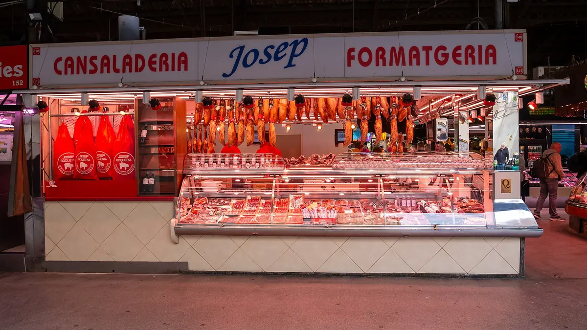 A charcuterie and cheese stall at La Boqueria, Barcelona