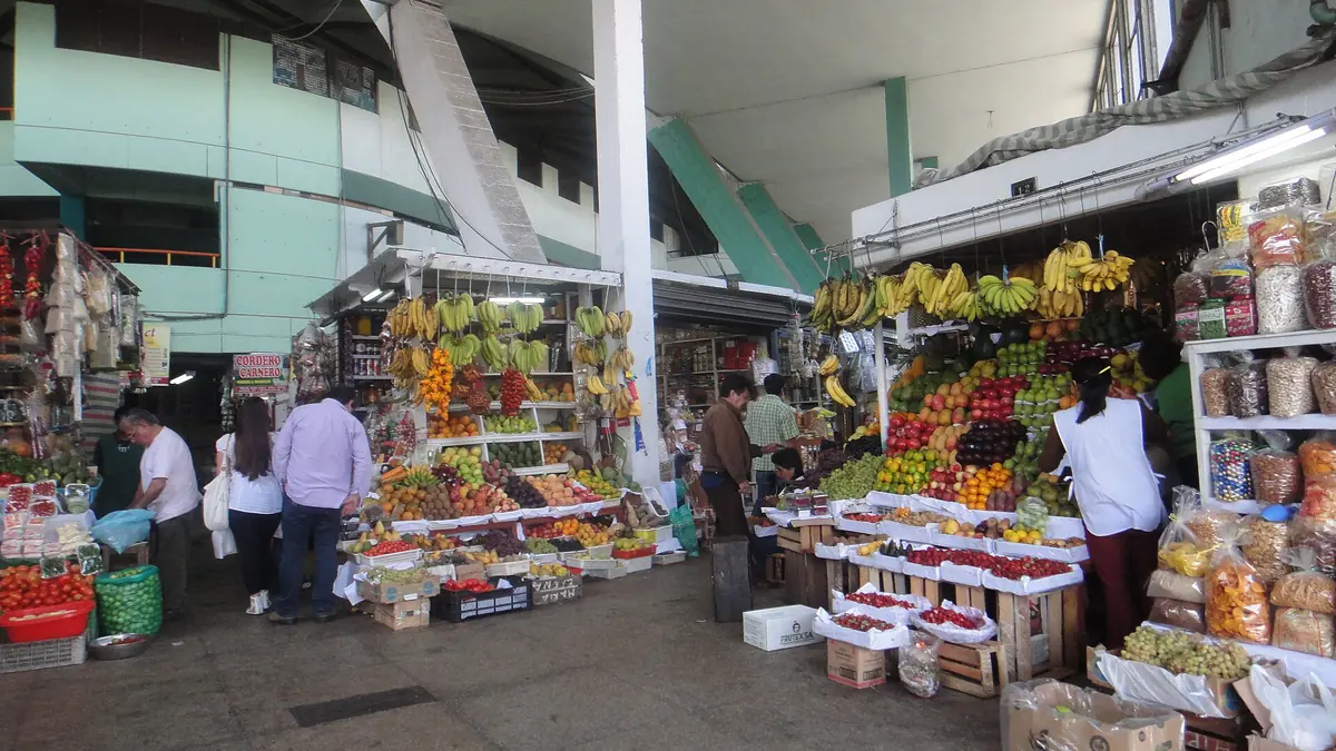 Fruit and grocery stalls at Surquillo Market No. 1 in Lima
