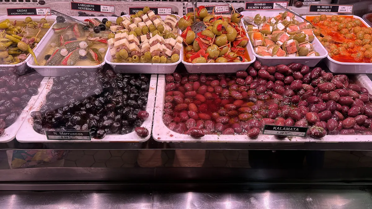 Olives and pickles at a stall in Valencia's Central Market
